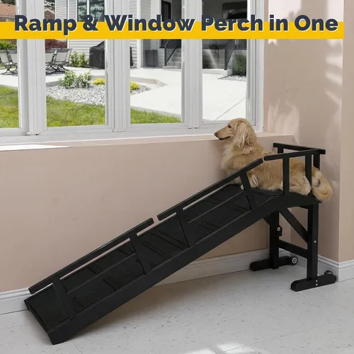 Vista 8 de Rampa para perros para cama o sofá, rampa de madera para mascotas con pendiente suave de 20°, rieles laterales extraíbles, superficie
