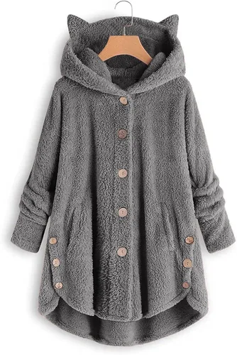 Vista 2 de Sudaderas con capucha de forro polar mullido para mujer, con botones, mullidas, casuales, ligeras, para invierno, de gran