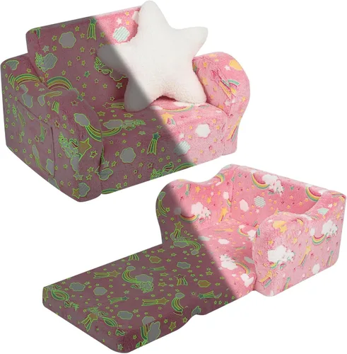 Vista 14 de MOMCAYWEX Sofá para bebé, 2 en 1, sofá suave para niños plegable con almohada de estrellas, sofá plegable para convertir en sofá cama, extra ancho