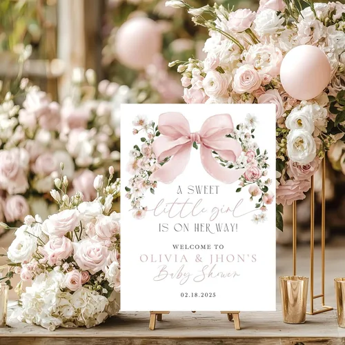 Vista 2 de Personalized Welcome Sign Baby Shower, Pink Bow Floral Baby Shower Welcome Sign: Editable, 12" X 18" (Small), 27" (Medium), 36" (Large), Plastic
