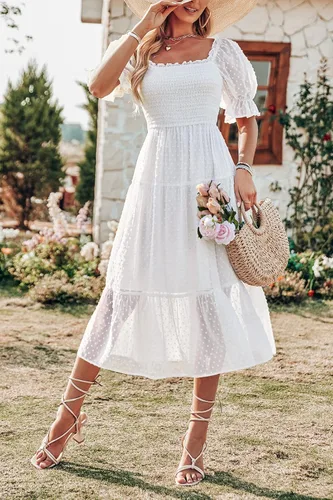 Vista 7 de MEROKEETY - Vestido de verano con lunares suizos para mujer vestido midi con cuello cuadrado, mangas abombadas, volados, lazo en la espalda