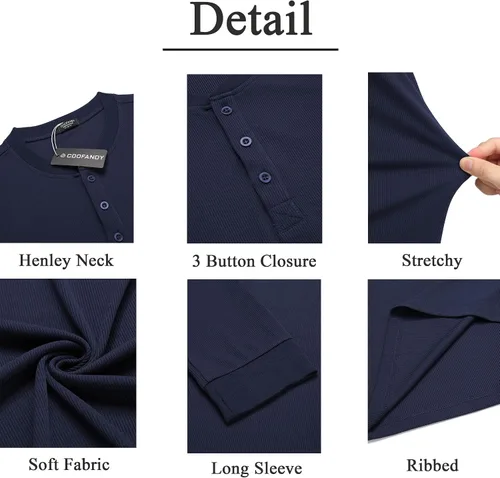 Vista 54 de COOFANDY Camisas Henley de manga larga para hombre, camisetas elásticas acanaladas, camisetas básicas casuales de moda