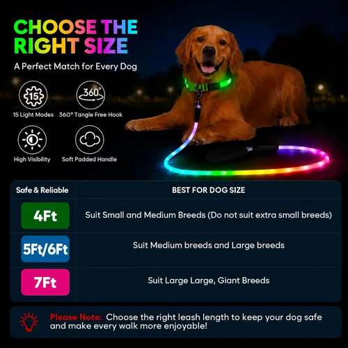 Vista 4 de YFbrite Correa de perro de 4 pies iluminada con 15 modos de parpadeo - Correa de perro LED súper brillante para perros pequeños, medianos y grandes