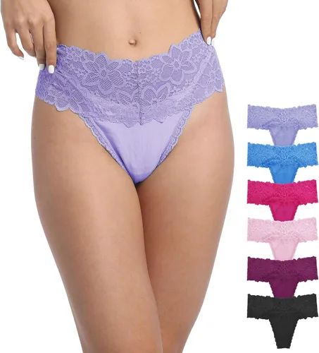 Vista 7 de Paquete de 6 tangas de encaje de cintura alta para mujer, ropa interior de algodón de talla grande, estilo retro, control de abdomen, tangas