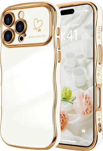 Vista 11 de LCHULLE - Funda para iPhone Air, linda para mujeres y niñas, con forma de onda, color azul bebé Luxury Plating Curly Wavy Frame with Love Heart