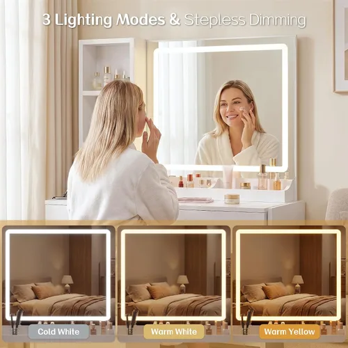 Vista 10 de FUXA Escritorio de tocador con espejo de luces LED y estación de carga, mesa de tocador de maquillaje con cajones de almacenamiento, armario
