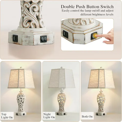 Vista 4 de Lámpara de mesa de granja de 25 pulgadas para sala de estar y dormitorio, lámpara de noche de diseño rústico vintage con 2 puertos USB y luz