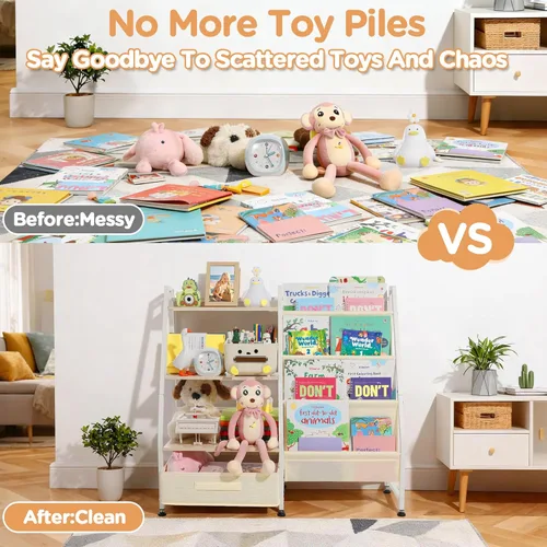 Vista 3 de Estantería para niños y almacenamiento de juguetes para habitaciones de niños, estantería para bebés con 4 estantes de eslinga y organizador
