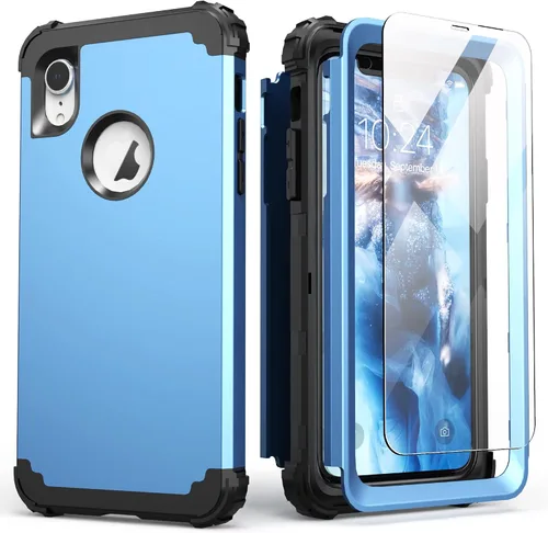 Vista 26 de IDweel Funda para iPhone XR, funda para iPhone XR con protector de pantalla de vidrio templado, 3 en 1, a prueba de golpes, delgada, híbrida, Negro