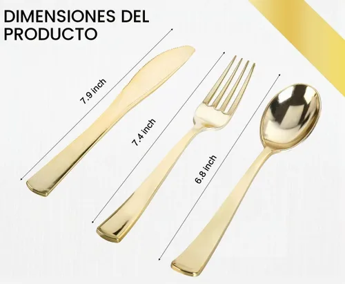 Vista 4 de Juego de vajilla dorada de 350 piezas, 100 platos de plástico, 50 vasos, 50 servilletas enrolladas con cubiertos de plástico, juego de vajilla