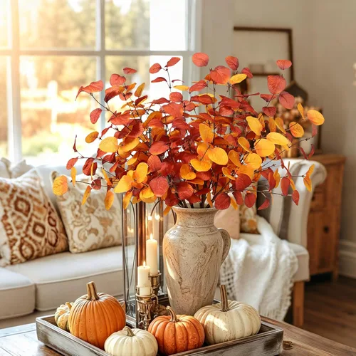 Vista 7 de Beferr Decoración de tallos de eucalipto de otoño, 5 piezas de ramas de eucalipto artificiales de 23 pulgadas, hojas de otoño, arreglos florales
