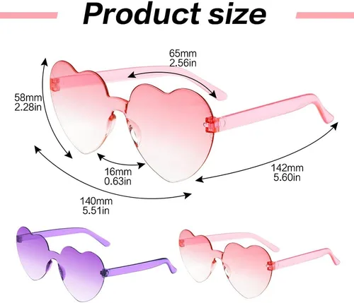 Vista 103 de Lentes de sol con forma de corazón, 2 pares de lentes de sol en forma de corazón, gafas de sol rave para mujeres, regalos de fiesta