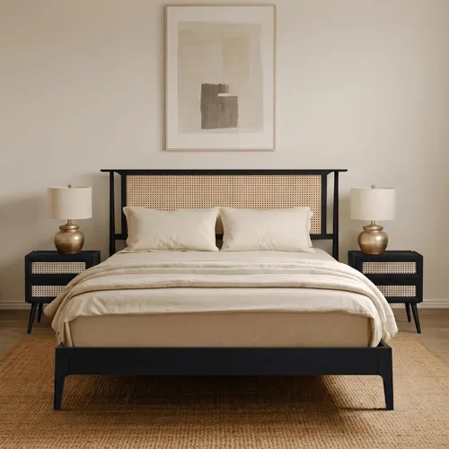 Vista 10 de NTC Marco de Cama de Madera Ruby con Cabecero y Ratán Natural, Base de Madera Sólida de Roble/Caucho con Listones Silenciosos, Capacidad de 1000