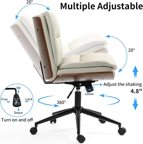 Vista 4 de Silla de oficina moderna sin brazos de nogal con ruedas, silla ejecutiva de cuero PU ajustable de giro amplio, silla de computadora ergonómica