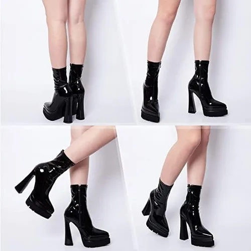 Vista 3 de Goiphrri Double Layer Platform Ankle Boots for Women Pointed Toe High Heel pointed toe chunky Combat Boots Mid Claf
