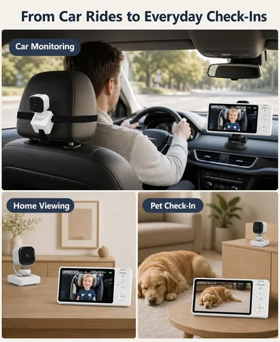 Vista 7 de Cámara inalámbrica de coche para bebé de 5 pulgadas HD 1080P IPS para asiento trasero de automóvil, alimentado por USB, monitor de asiento trasero