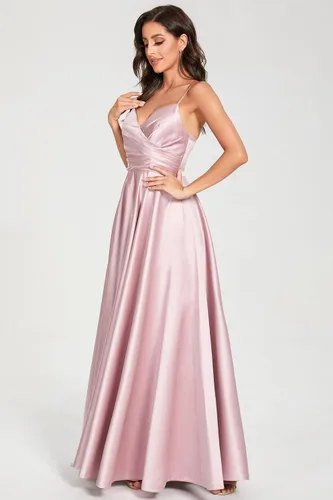 Vista 3 de Vestidos de fiesta con cuello en V de espagueti para mujer, vestido largo de fiesta de satén fruncido, vestido de fiesta de noche con bolsillos