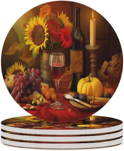 Vista 44 de 4 posavasos de vino tinto, cuadrados y modernos posavasos absorbentes de cerámica, estilo de pintura al óleo, vintage, vino tinto, uvas, rosa