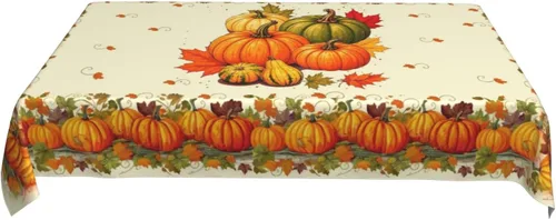 Vista 3 de Mantel de Otoño de Acción de Gracias con Hojas de Calabaza, Mantel Rectangular Lavable de Cuadros Rústicos para Decoración de Cocina y Comedor