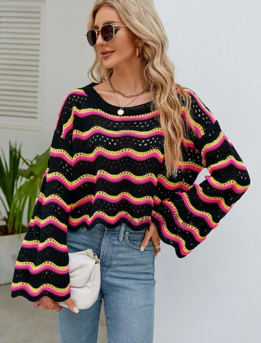 Vista 4 de Lemon Girl - Suéteres de punto a rayas con huecos, tops y mangas Dolman, suéter suelto