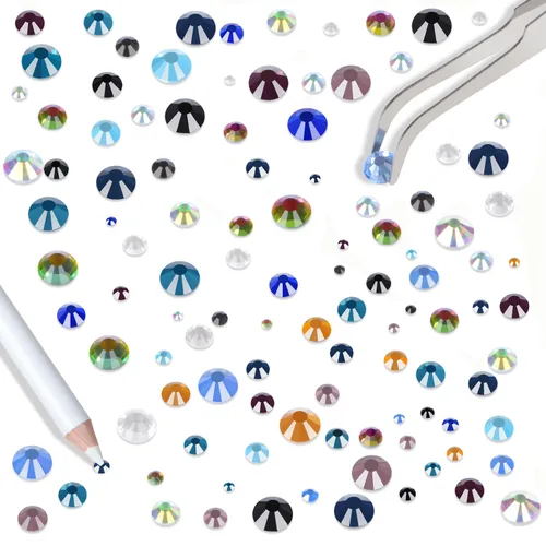 Vista 5 de LPBeads 6400 unidades de diamantes termoadhesivos de 12 colores con parte trasera plana, 5 tamaños mixtos, gemas de cristal redondas con pinzas