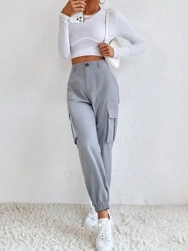 Vista 5 de MakeMeChic Pantalones cargo casuales de cintura alta para mujer con bolsillos