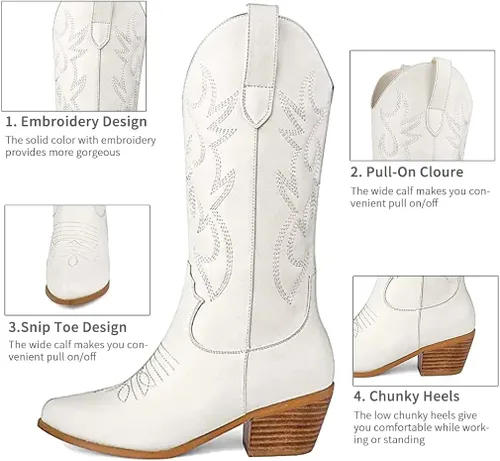 Vista 7 de Botas vaqueras modernas bordadas para mujer, botas de media pantorrilla, tacón grueso, retro, coloridas botas occidentales
