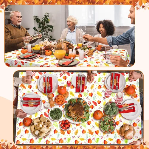 Vista 7 de Newwiee Paquete de 3 manteles de Acción de Gracias de 108 x 54 pulgadas, manteles de plástico desechables de otoño, mantel rectangular impermeable