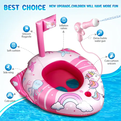 Vista 3 de HopeRock Flotadores de piscina de unicornio para niños pequeños y niños, con pistola de agua, juguetes de piscina para niñas de 3 a 8 años, juguetes