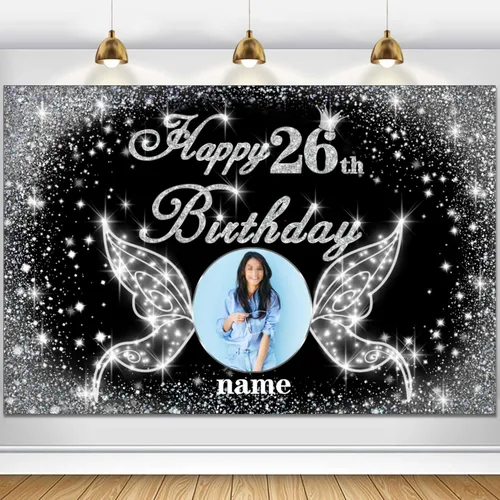 Vista 89 de Cartel personalizado de decoración de fiesta de cumpleaños número 100 - tema de alas de ángel - negro y plateado HY-NLK-100º