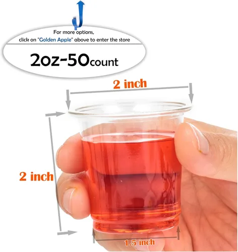 Vista 2 de Golden Apple, Vasos de plástico transparente de 2 onzas. Mini vasos desechables, vasos de chupito de plástico, vasos de fiesta de gelatina – 50