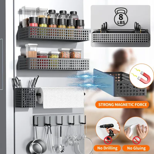 Vista 2 de Estante magnético para especias para refrigerador de 2 niveles y soporte para toallas de papel y soporte para utensilios, organizador magnético