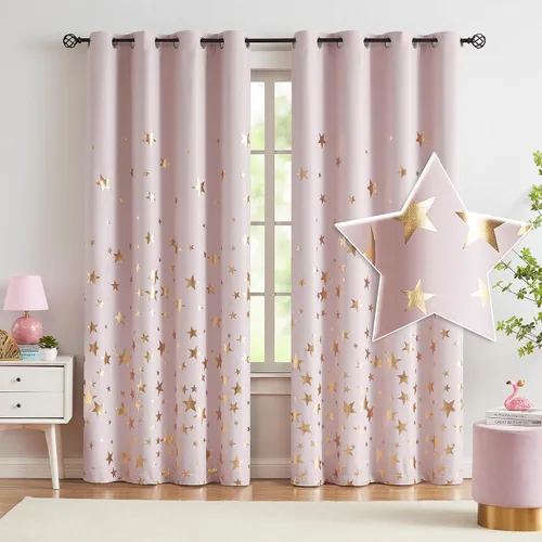 Vista 15 de Treatmentex Cortinas Blackout Completas Gold Star Negras para Dormitorio de Niños Varones, Paneles de Ventana con Acabado Metálico para Cuarto