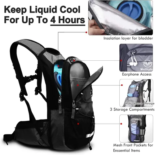 Vista 4 de Mothybot Mochila de Hidratación Aislada con Vejiga de Agua de 3L Libre de BPA a Prueba de Fugas, Mochila de Senderismo Ligera de Gran Almacenamiento