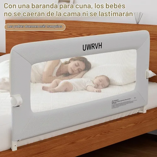 Vista 6 de Riel de cama para niños pequeños, riel plegable de 33 pulgadas, base en forma de T sin taladrar con bloqueo de seguridad, tela 3D suave, protector