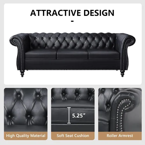 Vista 4 de QHITTY Sofá grande Accent, sofá Chesterfield de 3 plazas moderno de cuero, sofá tapizado con respaldo copetudo para muebles de sala de estar (negro)
