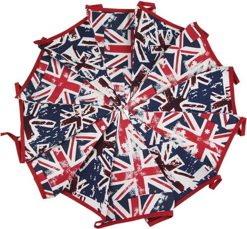 Vista 4 de Bandera de lona de 12 pies de largo con 12 banderas triangulares, banderines británicos, decoración de fiesta, bandera patriótica británica