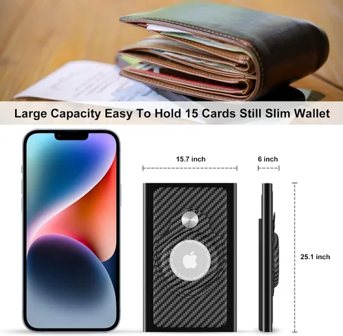 Vista 5 de Billetera Airtag para hombre, billetera inteligente con soporte para Airtag, billetera desplegable con bolsillo para dinero, billetera con tarjetero