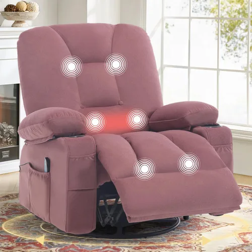 Vista 9 de Rocker - Silla reclinable con masaje y calor, sillón reclinable giratorio con relleno con soporte para tazas, bolsillo lateral USB, sofá mecedora