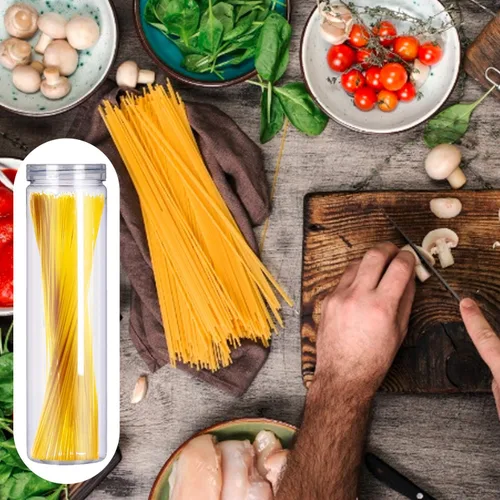 Vista 5 de Juego de 3 tarros de plástico transparente para almacenamiento de alimentos con tapa, recipiente redondo transparente delgado para espaguetis, pasta