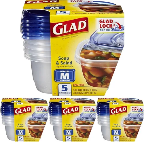 Vista 18 de GladWare Sopa y Ensalada para Uso Diario, Almacenamiento Rectangular Mediano, Estándar, 24 Onzas, Juego de 5