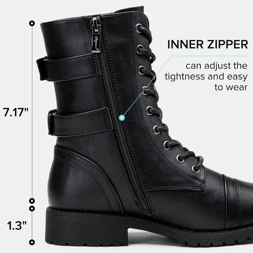 Vista 6 de Vepose Botas de combate para mujer, tacón bajo, botas militares a media pantorrilla con bolsillo para tarjetero, cuchillo y cartera