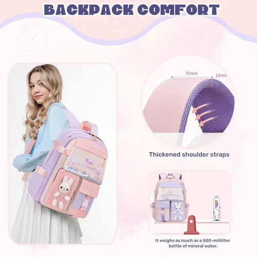 Vista 7 de LANSHIYA Mochila Kawaii para niñas escolares mochila de conejito para niños, mochila casual linda para exteriores, azul (2pcs blue), Mochila