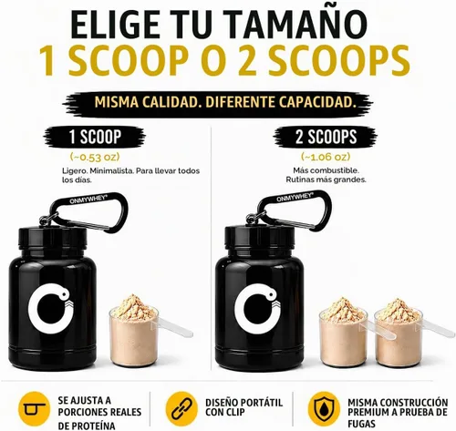 Vista 5 de ONMYWHEY Embudo de llavero de proteína y suplemento de doble cucharada (180 cc) para mirar en el espejo