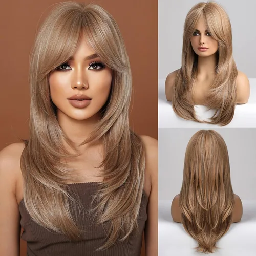 Vista 13 de HAIRCUBE Pelucas Auburn para Mujeres, Pelucas Largas en Capas Naranjas con Flequillo, Pelucas de Fibra Sintética Resistentes al Calor