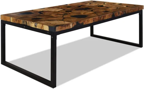 Vista 5 de Black and Brown Teak Wood Coffee Table, 43.3x23.6x15.7 in Rectangular Resin Living Room Table, Rustic Mesa de Centro para Sala, Durable Home