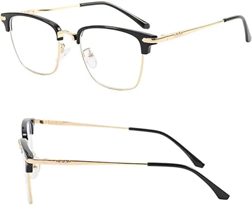 Vista 3 de FROBON Gafas de media montura para miope, lentes retro de metal para hombres y mujeres (color negro y dorado, tamaño -2.0X)