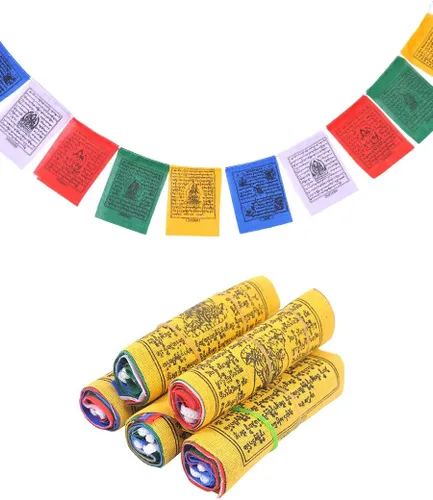Vista 8 de Banderas tibetanas de oración al aire libre, zen, colorido cartel budista, chakras, geometría sagrada, caballo de viento hecho en Nepal, mantras