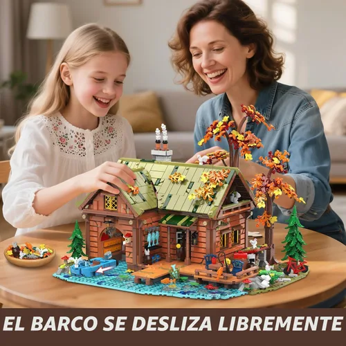 Vista 2 de INSOON Set de Construcción Mini de Cabaña sobre el Agua con Luz, 2423 PIEZAS, Juego de Bloques de Madera de Casa en el Bosque con Barco, Bicicleta