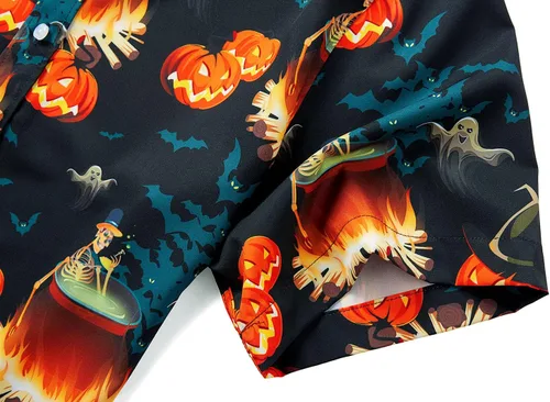 Vista 5 de J&DHUASHA Camisa de Halloween para hombre, diseño de calabazas divertidas, manga corta, con botones, hawaiana